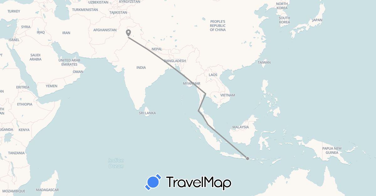 TravelMap itinerary: driving, plane in Indonesia, Malaysia, Pakistan, Singapore, Thailand (Asia)